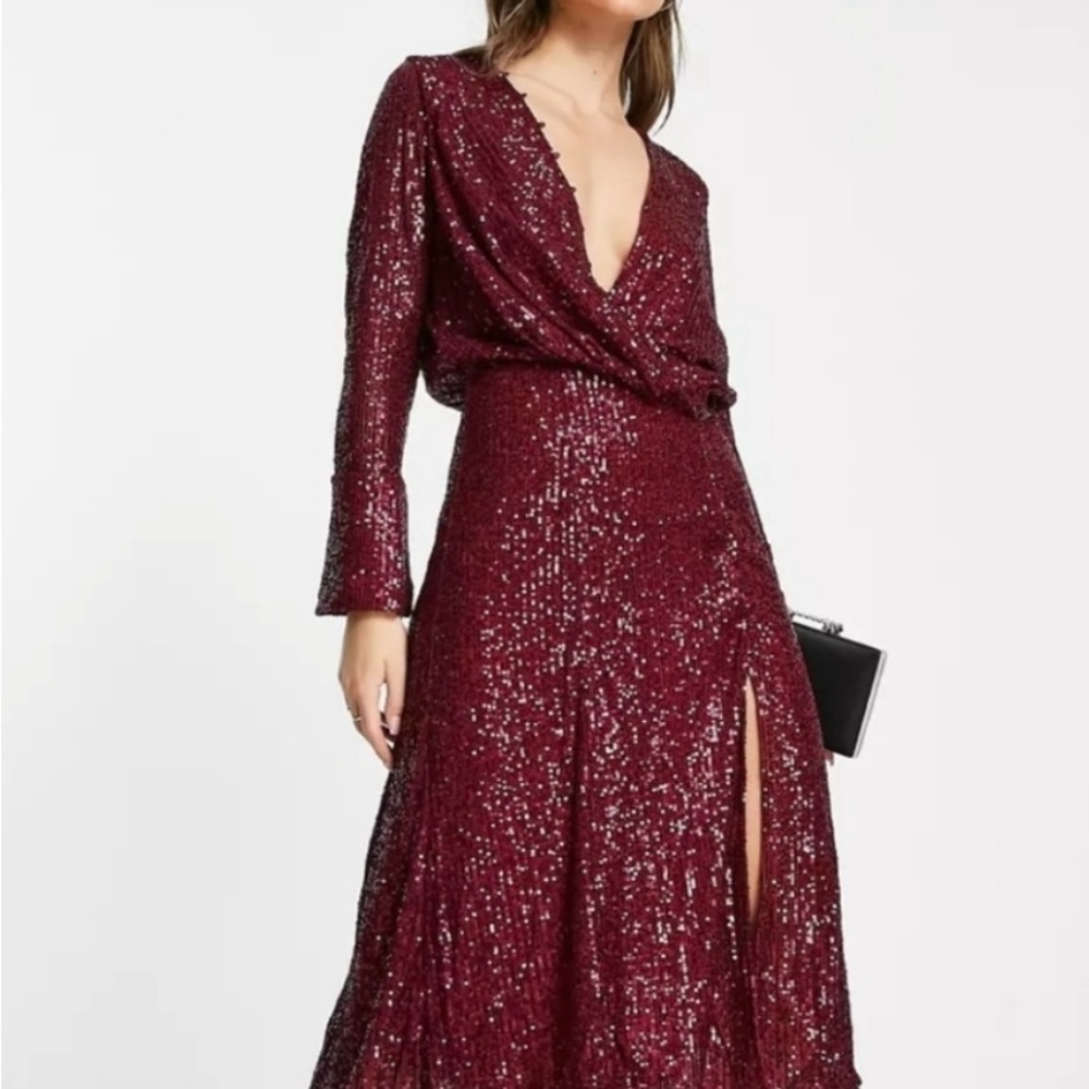NWT ASOS Red Sequin Embellished Long Sleeve Gown